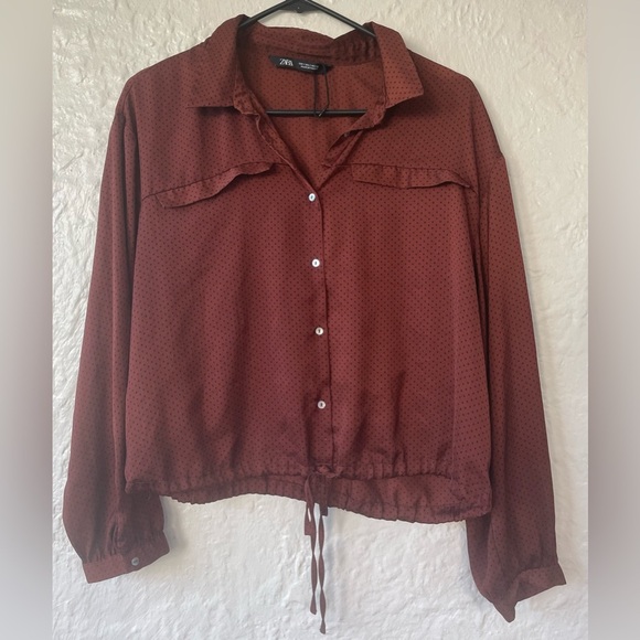 Zara Basics brown / black Swiss dot button up silky blouse, drawstring hem; S - Picture 1 of 8